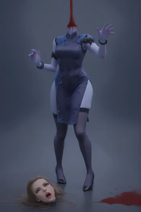 headless,(((headless))),h3ad,widowmaker (overwatch), widowblacklily, china dress, stockings, blue skin, blood, gore, decapitation, beheading, wound, shiny clothes, spasming, hands reaching up to neck, panicking