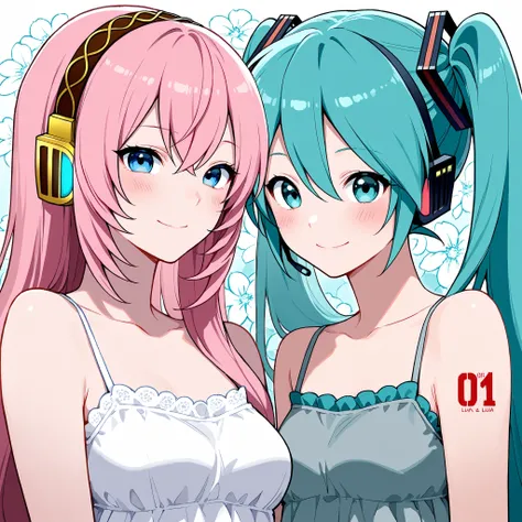 Megurine Luka,Hatsune Miku,High Accuracy Selection, long hair, And look   , blush, Smile Yang  , top quality, headphones, flower background 