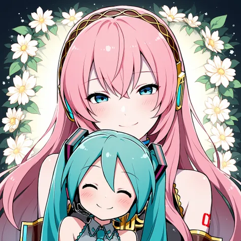 Megurine Luka,Hatsune Miku,High Accuracy Selection, long hair, And look   , blush, Smile Yang  , top quality, headphones, flower background 