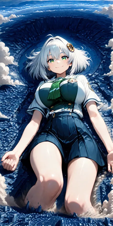 ((Close to super big breasts lying on the ground)), 1girl, solo, (very super big boobs, A woman's moisturized body, beautiful skin, Rin々Shikumo has a cute smile, Smile), (((super yotta over size giantess:1.4))), ((An extremely detailed ultra-micro city, co...