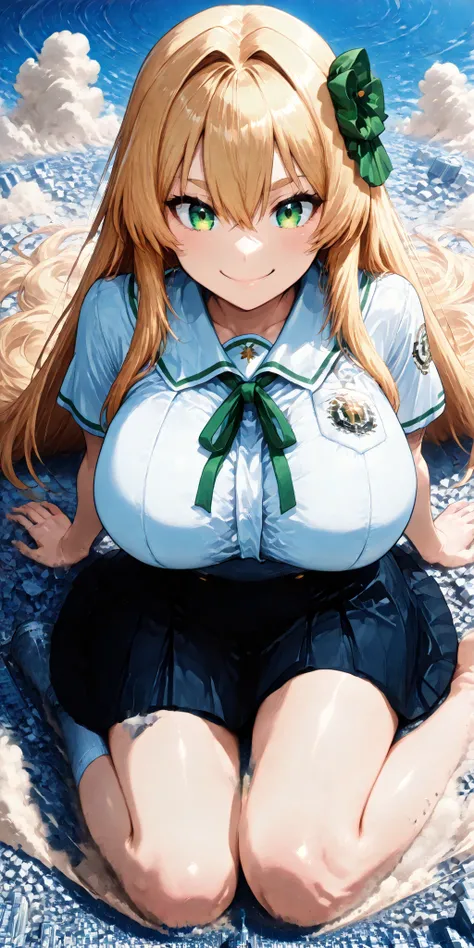 ((Close to super big breasts lying on the ground)), 1girl, solo, (very super big boobs, A woman's moisturized body, beautiful skin, Rin々Shikumo has a cute smile, Smile), (((super yotta over size giantess:1.4))), ((Extremely detailed ultra-fine small city, ...