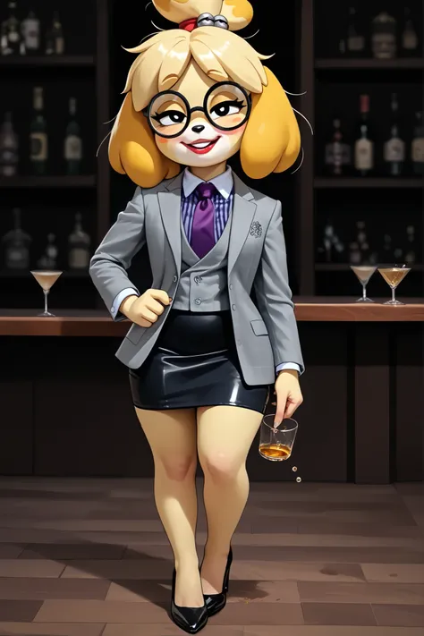 score_9, score_8_up, score_7_up, score_6_up, source_anime, three-piece suit, 1girl, thin-frame round glasses, formal, jewelry, suit, purple necktie, earrings, jacket, (((grey waistcoat))), shirt, (((grey jacket))), striped shirt with white collar, (black l...