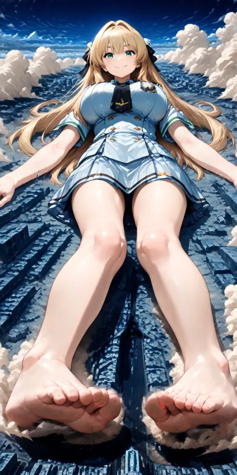 ((Lying on the ground, legs open, super big breasts, close)), 1girl, solo, (very super big boobs, A woman's moisturized body, beautiful skin, Rin々Shikumo has a cute smile, Smile), (((super yotta over size giantess:1.4))), ((Extremely detailed ultra-fine sm...