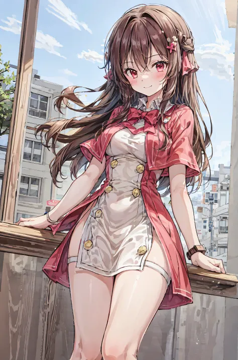 masterpiece,best quality,1girl,solo,Outdoors,blush,Watch Viewers,Serofu,smile,glass,Bang,null,blue nully,cloud,medium chest,hair between eyes,gray hair,Red Eyes,Arms on back,simple clothes,long hair,
