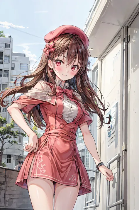 masterpiece,best quality,1girl,solo,Outdoors,blush,Watch Viewers,Serofu,smile,glass,Bang,null,blue nully,cloud,medium chest,hair between eyes,gray hair,Red Eyes,Arms on back,simple clothes,long hair,