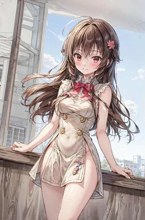 masterpiece,best quality,1girl,solo,Outdoors,blush,Watch Viewers,Serofu,smile,glass,Bang,null,blue nully,cloud,medium chest,hair between eyes,gray hair,Red Eyes,Arms on back,simple clothes,long hair,