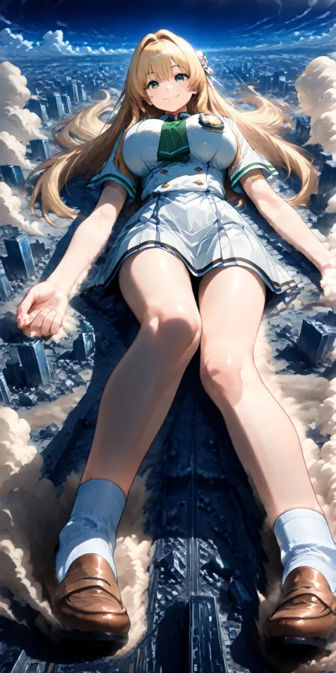 ((Lying on the ground, legs open, super big breasts, close)), 1girl, solo, (very super big boobs, A woman's moisturized body, beautiful skin, Rin々Shikumo has a cute smile, Smile), (((super yotta over size giantess:1.4))), ((Extremely detailed ultra-fine sm...