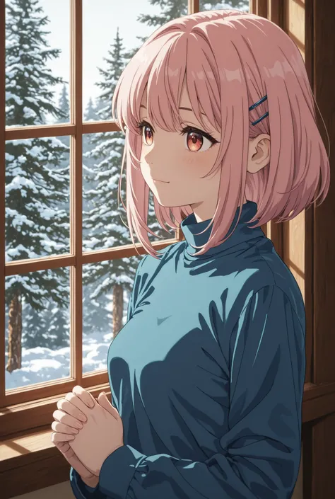 Praying woman　Round window　Shirasuna Garden　pine tree　small beautiful breasts