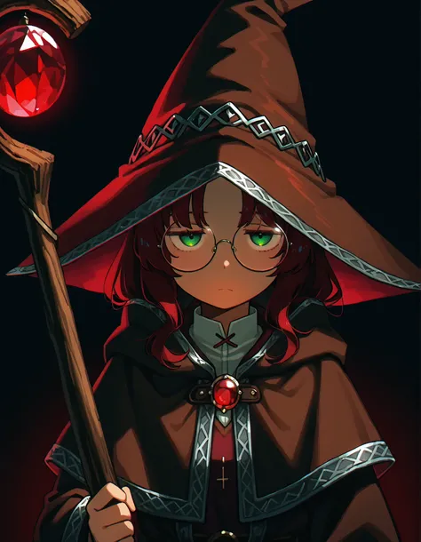 4RCH0N, 1girl, wizard hat, robe, capelet, tired, jitome, round eyewear, upper body, large staff, wooden staff, red gemstone, red light from staff, looking at viewer, light frown, dark, brown clothes, silver trim, green eyes, dark background, black backgrou...