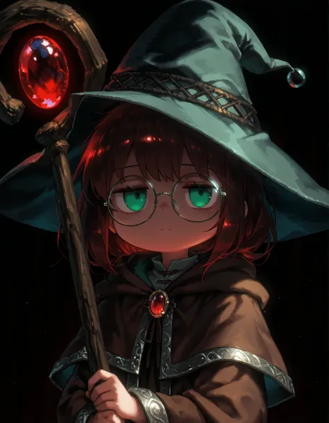 4RCH0N, 1girl, wizard hat, robe, capelet, tired, jitome, round eyewear, upper body, large staff, wooden staff, red gemstone, red light from staff, looking at viewer, light frown, dark, brown clothes, silver trim, green eyes, dark background, black backgrou...