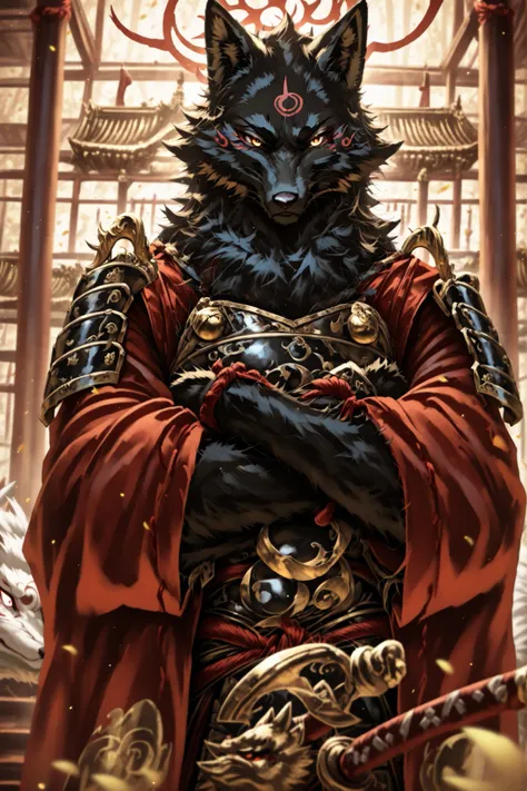 XUER guangying, addmicrodetails,(samurai), Serious expression, crossed arms,gintaro, fox spirit, anthropomorphic, 1male, ((black fur)), golden eyes, masterpiece, cowboy shot, looking at viewer, extremely-detailed, detailed background night in a japanese te...