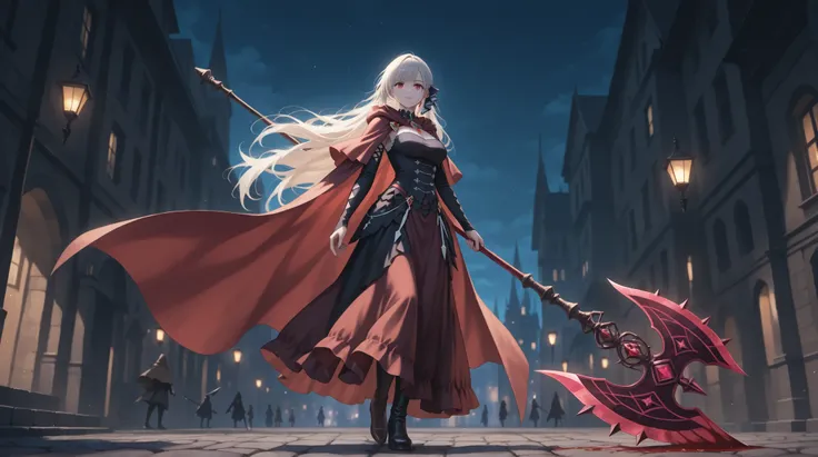 SIROKI,An epic dark fantasy illustration featuring three unique heroes against a brooding, silhouetted gothic city under a night sky. The composition highlights contrasting forms: a formidable male warrior with a colossal axe and flowing brown cloak, a mys...