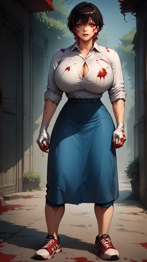 score_9, score_8_up, score_7_up, masterpiece, high quality, BREAK
 eyoungna, short hair, huge breasts, colored inner hair, bangs, collared shirt, skirt, sleeves rolled up, blood, blood on face, blood on clothes, bandaged hand, full body, sneakers shoes, 