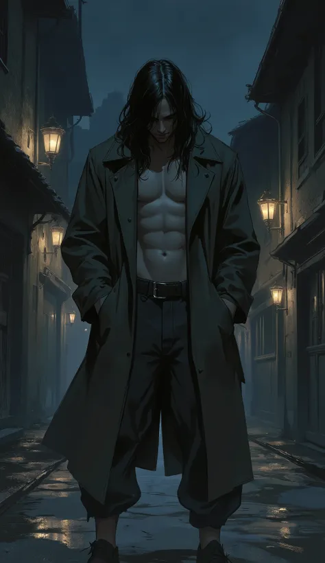 cinematic concept art, a forlorn young man with long black hair, his bangs hanging down to obscure his eyes, head bowed slightly. He stands on a dimly lit street in a medieval fantasy city at night. He wears a long, open windbreaker coat with rolled-up sle...