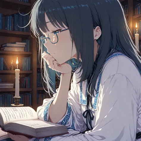 anime style, side view, a sleepy girl with glasses resting her chin on her hand, dozing off while reading a book, candlelight illuminating her calm expression, shelves in the background, white robe and blue accents, peaceful atmosphere, high detail