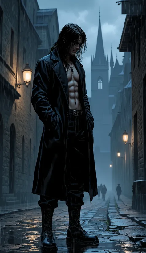 A masterpiece of cinematic concept art, photorealistic and intensely detailed. A forlorn young man with long, raven-black hair, his fringe hanging low, casting his eyes in deep shadow, his head slightly bowed in a moment of quiet melancholy. He stands isol...