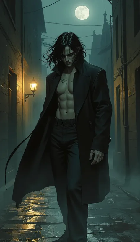 A masterpiece of cinematic concept art, depicting a solitary, brooding young man with windswept, long jet-black hair. His face is partially obscured by his fringe, his head slightly bowed in a forlorn expression. He possesses a perfectly sculpted, athletic...