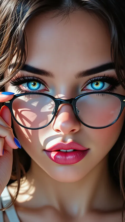 a ultra realistic photo of skinny girl holding her eye glasses in front of her, big blue eyes, dark eye liner, big pink lips, big breasts, skinny waist, big hips.