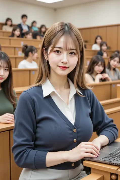 Catherine,hair styled in aplatinum blonde, gold hair, professional photography, masterpiece, high resolution, an upper body portrait of a 20-year-old studious Japanese woman with a bright, intellectual smail, sitting in the front row of a university lectur...