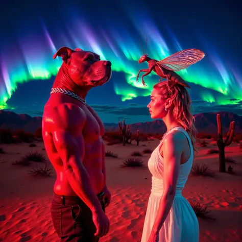 In a surreal desert landscape, the image captures a fascinating scene under the vibrant hues of an aurora borealis. A muscular figure with the body of a man wearing pants and a belt,  but the distinct face of a red nose white haired Pitbull stands on the l...