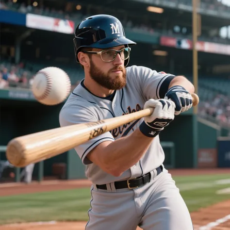 Glasses release day. Photorealistic, 8K quality. Hyper-realistic. A major leaguer wearing sports glasses hits a home run from the left batting position. The glasses shine. He has a brown beard and a sturdy build. This is a depiction of a batter who has started wearing glasses and can now see the ball thrown by the pitcher better.