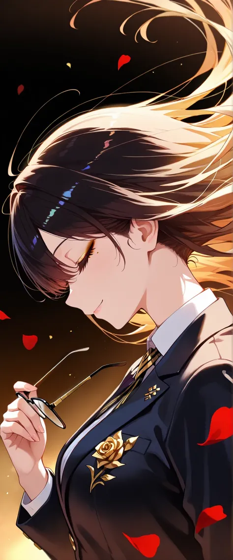 1girl，((masterpiece:1.3))，((detail face))，(( remove the glasses，Holding glasses))，super high resolution，bust up，((Rose petals are fluttering))，((close your eyes，smiles softly))，Strong winds， look down，((black and gold gradient long hair，Floating Hair))，sid...