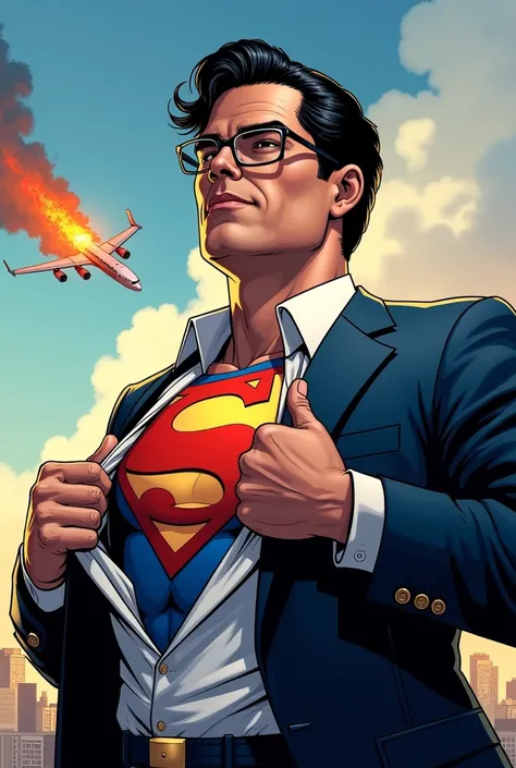 Superman. (Clark Kent is transforming into Superman: he takes off his glasses with one hand and opens his shirt with the other, revealing his blue suit and the iconic "S" underneath. A burning plane can be seen in the sky behind him.)

Main Character:
(Henry Cavill, seen from the waist up.
He is wearing a classic suit: white shirt, blue jacket.
He takes off his glasses with one hand, while with the other he holds his shirt, opening it enough to reveal the "S" insignia on his Superman suit gleaming underneath.
His face reflects focus and determination, with his hair slightly ruffled by the wind.)

Pose and Framing:
Shot from the waist up, dramatic angle, showing both the emotion on his face and the action of the transformation.
The iconic "S" emblem should be clearly visible underneath his shirt.

Background:
A rooftop or balcony of a cityscape, slightly elevated.
In the sky, above and behind him, there is a burning passenger plane leaving a trail of smoke, flying through the clouds.

Style:
Highly detailed comic book style.
Strong, expressive lines, rich shadows, and bold, vibrant colors.
Dramatic lighting, especially around the plane's chest and flames.