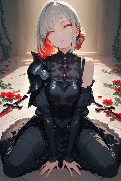 girl, short hairstyle, silver hair with red highlights, gothic style, marble floor, ivy with flowers on the floor, medieval left shoulder armor, black crystal dagger, feminine pose
