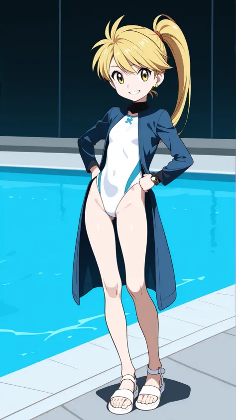 adult older sister, Tall, left hands on hips, white competitive swimsuit, blue long sleeve long jacket, White Sandals, groin, Beautiful legs, Beautiful legs, thighs, ((top quality)), ((masterpiece)), ((details)), stands in the middle of the night, 1girl, t...