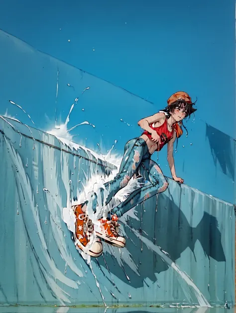 Teen boy wearing (super skinny jeans-leggings:1.8), (orange converse x-hi sneakers:1.8) a snapback, tank-top and goes into the lake. The image should depict the boy's wet clothes clinging to his body, glistening with water droplets. Rare view. The artisti...