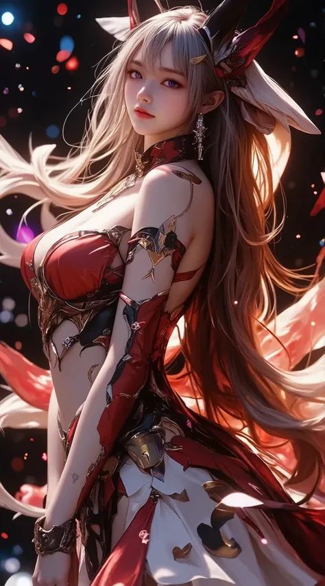 1 , long white hair . chest. fox ears. MULTICOLOR EYES. PURPLE EYES , pink eyes. earrings. Dancer's candid attire. The symbol on the forehead is in the shape of a moon . full length .