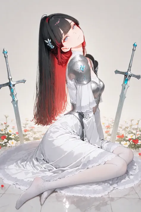 girl, long hairstyle, black hair with red highlights, white gothic style dress, white pantyhose (no wrinkles), no shoes, sitting on floor, marble floor, flowers on the floor, medieval left shoulder armor, silver crystal sword, feminine pose
