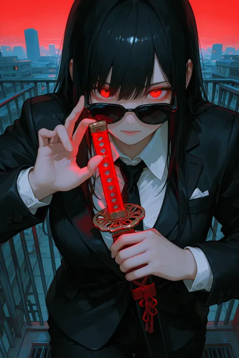 748cmstyle,masterpiece、top quality、great quality、 cool adult woman 、black suit、long black hair、take sunglasses in a cool way with your right hand、Holding a realistic Japanese sword with your left hand、Jin and the Royal Family、when you take them off, they emit red light from your eyes、Awakening、Dynamic Effects、Building Rooftop、 the background is the city、face close-up