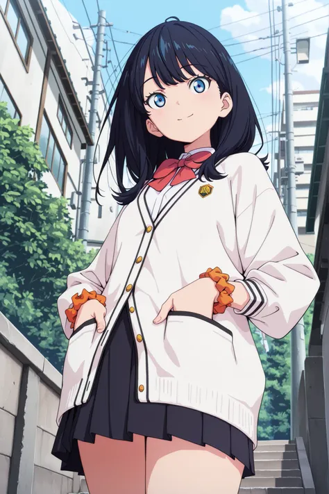 masterpiece, best quality, highres, newest, 1girl, solo, official style, anime screencap, rikka, black hair, long hair, blue eyes, white cardigan, long sleeves, bow, pleated skirt, orange wrist scrunchie, outdoor, looking at viewer, smile, cowboy shot, ha...