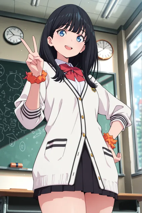 anime screencap, masterpiece, best quality,
1girl, solo, open mouth, smile, v,
straight hair, long hair, black hair, blue eyes,
white cardigan, red bowtie, sleeves rolled up, wrist scrunchie, miniskirt, black skirt, thighs,
hand on own hip, standing, look...
