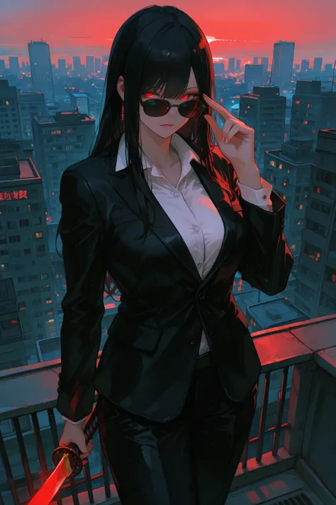 748cm style, masterpiece, highest quality, exceptional quality, cool mature woman, black suit, long black hair, coolly tossing sunglasses with her left hand, stylishly gripping a realistic Japanese sword with her right hand, standing confidently, red light emanating from her eyes when she removes her sunglasses, awakening, dynamic effect, rooftop of a building, city in the background.