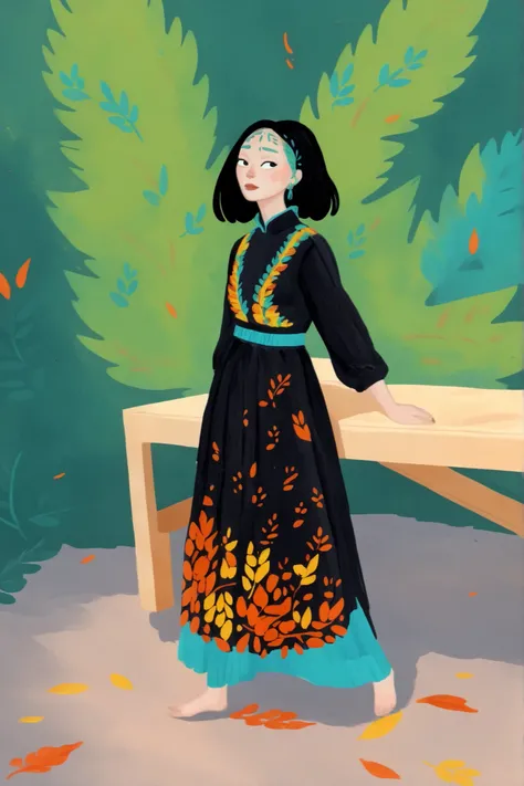 1girl, 2d art, flat colors, full body portrait, black clothes, dynamic poses, gouache texture, full body portrait, gouache painting, vibrant colors, chiseled features, thick gouache render, novuschroma57 style cartoon, in gougoupaintleaves, FRESHIDEAS Illu...