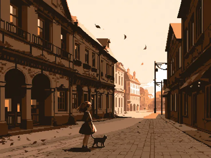 sepia tone, wide shot, (1 little girl:1.6), 1 cat, clear sky, twilight, old city street, (overlooking:1.3), wind, leaves, pixel art,