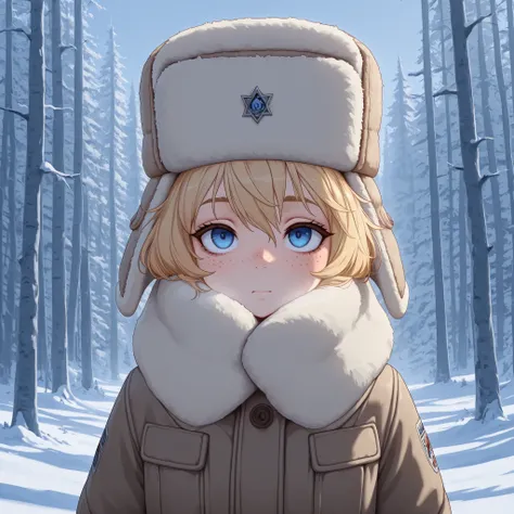 masterpiece, best quality, amazing quality, G3NSHIN, boy, messy blonde hair, blue eyes, ushanka, winter clothes, face and bust focus, freckles, snowy forest 