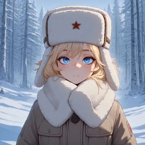masterpiece, best quality, amazing quality, G3NSHIN, boy, messy blonde hair, blue eyes, ushanka, winter clothes, face and bust focus, freckles, snowy forest 