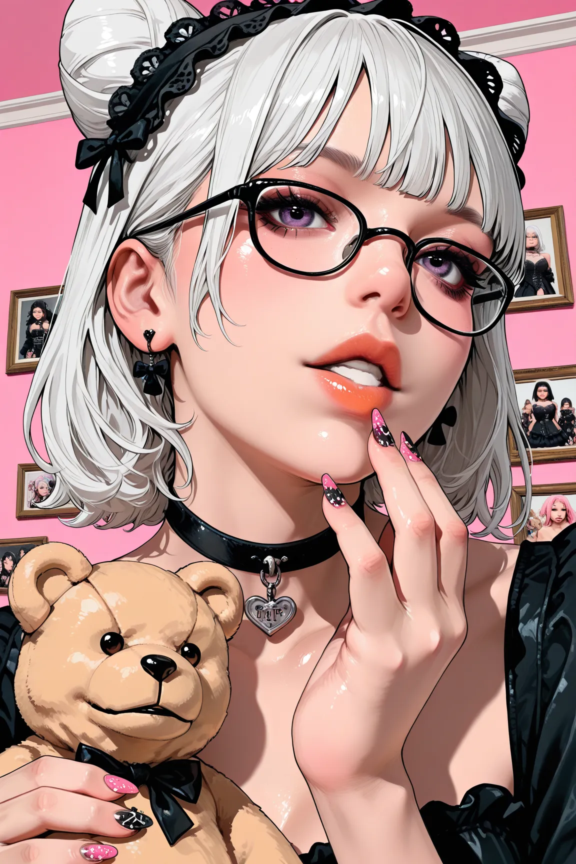  teddy bear illustration,gothic teddy bear closeup,put a choker on the teddy bear, glasses, glasses,is holding a teddy bear,place the teddy bear in the center of the screen,women can be seen through the camera、only hands are shown,feminine gothic aesthetics ,  Vivid details,  Artilove blow style   , ,  close-up photo , photorealistic  ,  very detailed,white hair(highest masterpiece/top quality/high resolution)moisturized gloss lips/pink gloss /“Shiny skin” nails with beautiful nail art/close his mouth//