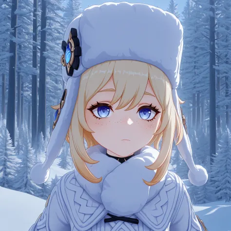 masterpiece, best quality, amazing quality, G3NSHIN, genshin impact style, 3d, boy, messy blonde hair, blue eyes, ushanka, winter clothes, face and bust focus, freckles, snowy forest 