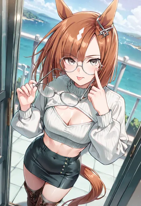 (masterpiece, best quality, perfect face:1.4), wide angle, ikuno dictus \(umamusume\), 1girl, ((remove glasses)), hold removed glasses in hand, horse ears, ear ornament, horse tail, tail on the lower back, proportional body, proportional,1 girl, beautiful hair, beautiful face, beautiful detailed eyes, beautiful clavicle, beautiful body, beautiful chest, beautiful thigh, beautiful legs, beautiful fingers, BREAK, Clear Focus: 1.2, Perfect Body Beauty: 1.4, Slim Abs: 1.1, white sweater, tight skirt, stockings, boots, Exposed Cleavage Absurdity, Incredibly Absurd, BREAK, akanbee, eyelid pull, lower eyelid pull:1.2, closed mouth:1.2, tongue out, serious expression, realistic skin, HDR, BREAK, good hands,
