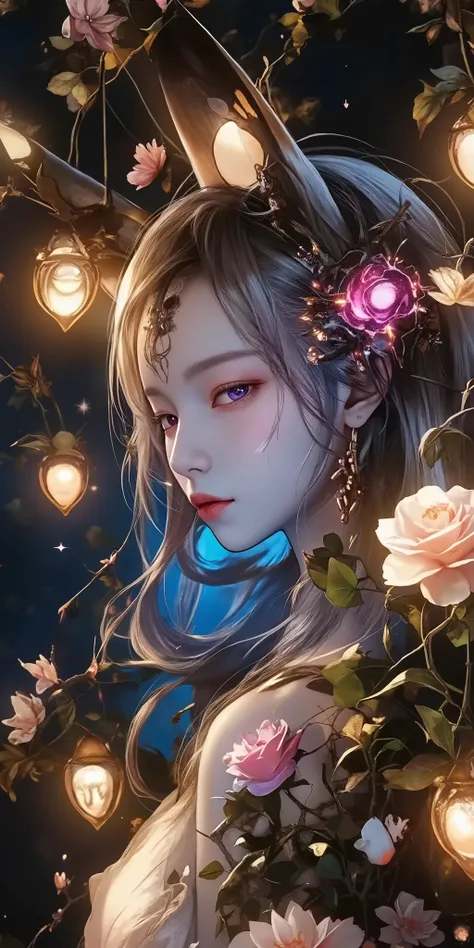 1 , long white hair . chest. fox ears. MULTICOLOR EYES. PURPLE EYES , pink eyes. earrings. Dancer's candid attire. The symbol on the forehead is in the shape of a moon . full length .