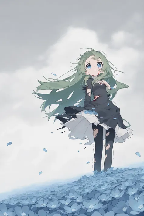 1girl, blue eyes, Sadness face,crying face、big tears、facing up、 green hair, pin your bangs, long hair , torn tights, to be hugged, open your chest, tattered dress,After the war、Orphan、torn clothes、Blood dripping from cheeks、 Torn back、Visible Skin、small br...