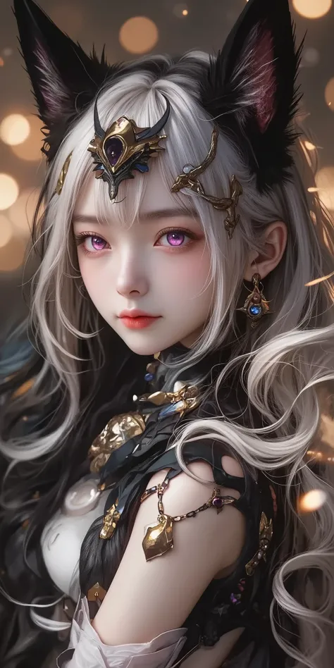 1 , long white hair . chest. fox ears. MULTICOLOR EYES. PURPLE EYES , pink eyes. earrings. Dancer's candid attire. The symbol on the forehead is in the shape of a moon . full length .