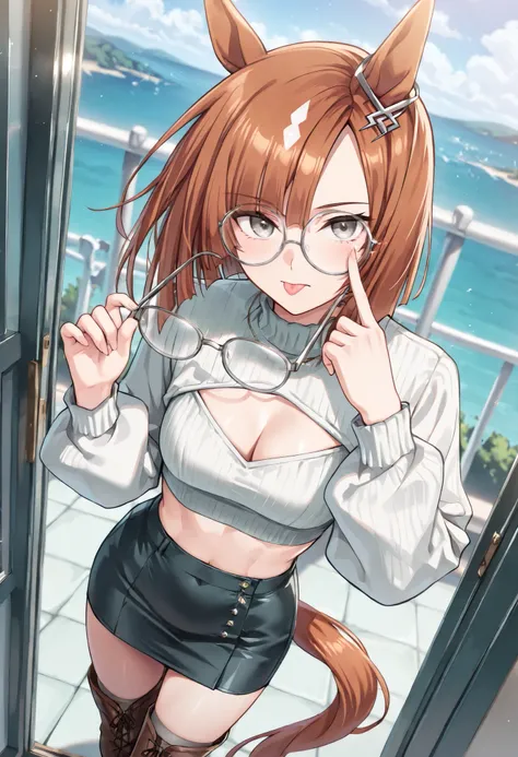 (masterpiece, best quality, perfect face:1.4), wide angle, ikuno dictus \(umamusume\), 1girl, ((remove glasses)), hold removed glasses in hand, horse ears, ear ornament, horse tail, tail on the lower back, proportional body, proportional,1 girl, beautiful ...