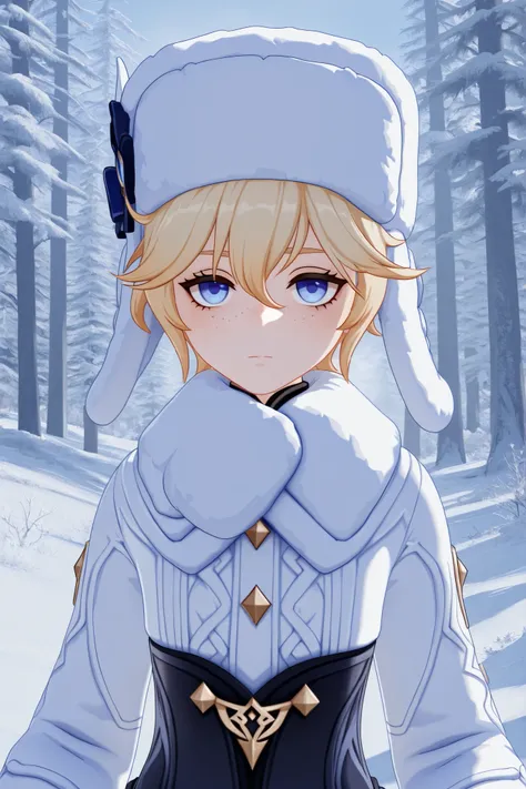 masterpiece, best quality, amazing quality, G3NSHIN, genshin impact style, 3d, 1boy, male, messy short blonde hair, blue eyes, ushanka, white winter clothes, face and bust focus, freckles, snowy forest 