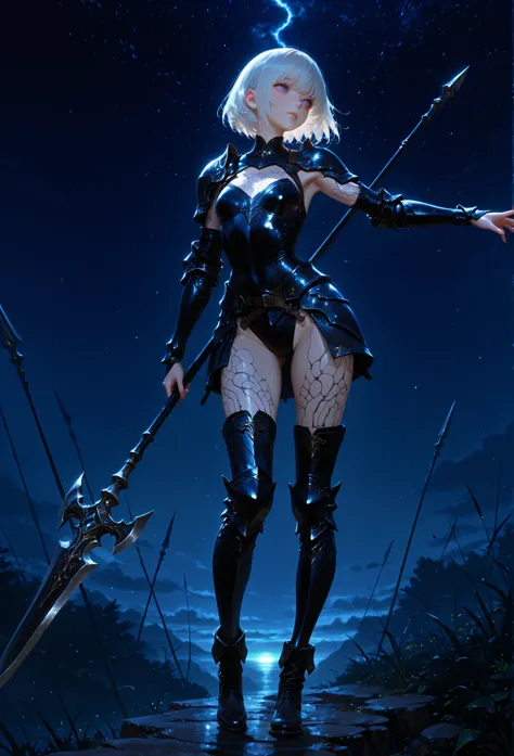 masterpiece, best quality, super high resolution, 8k, beautiful detailed eyes, night, medium chest, short hair, Armor, boots, spear, spread arm, Realistic Skin,,natural skin texture,, Intricate Skin Details ,,
