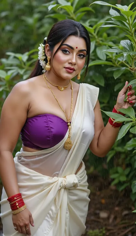 Indian beautiful busty woman bhabhi, Sindoor aka Vermilion mark in middle partition of hairs, middle parting ornament in hairs, Golden long necklace, Satin blouse, very deep cleavage, curvy plus size model wearing wet white Satin saree, red nail polish, pl...